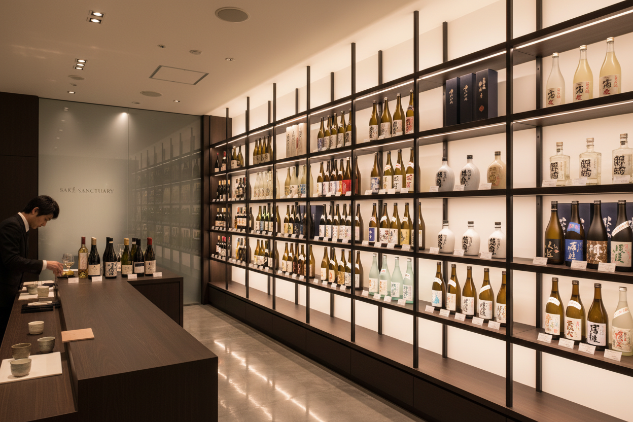 Inside of a sake store facing the wall of Japanese Sake, Japanese Liquors, Japanese wine products. Setting is a large city boutique store