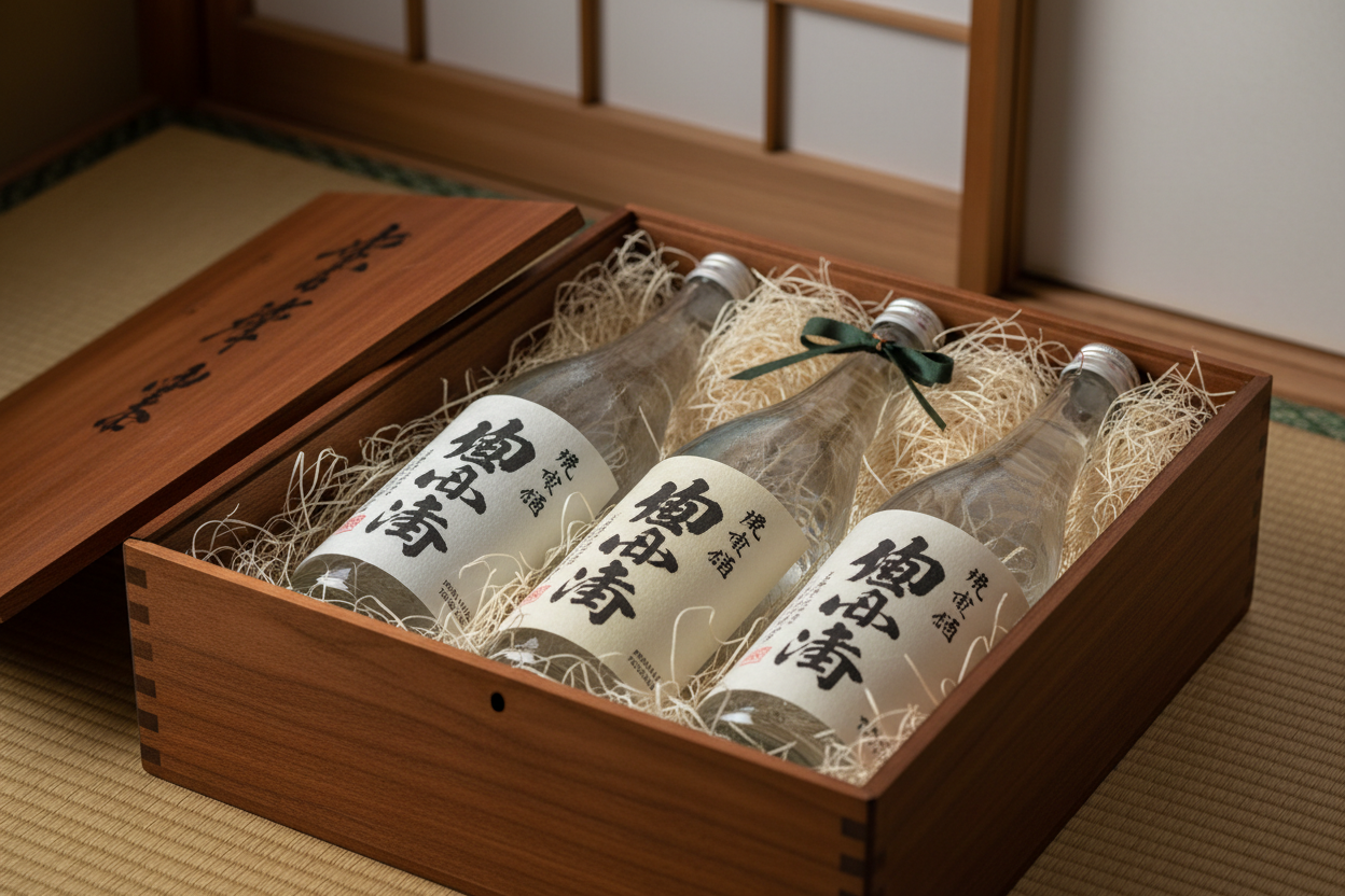life like image with sake bottles from my products presented in a box