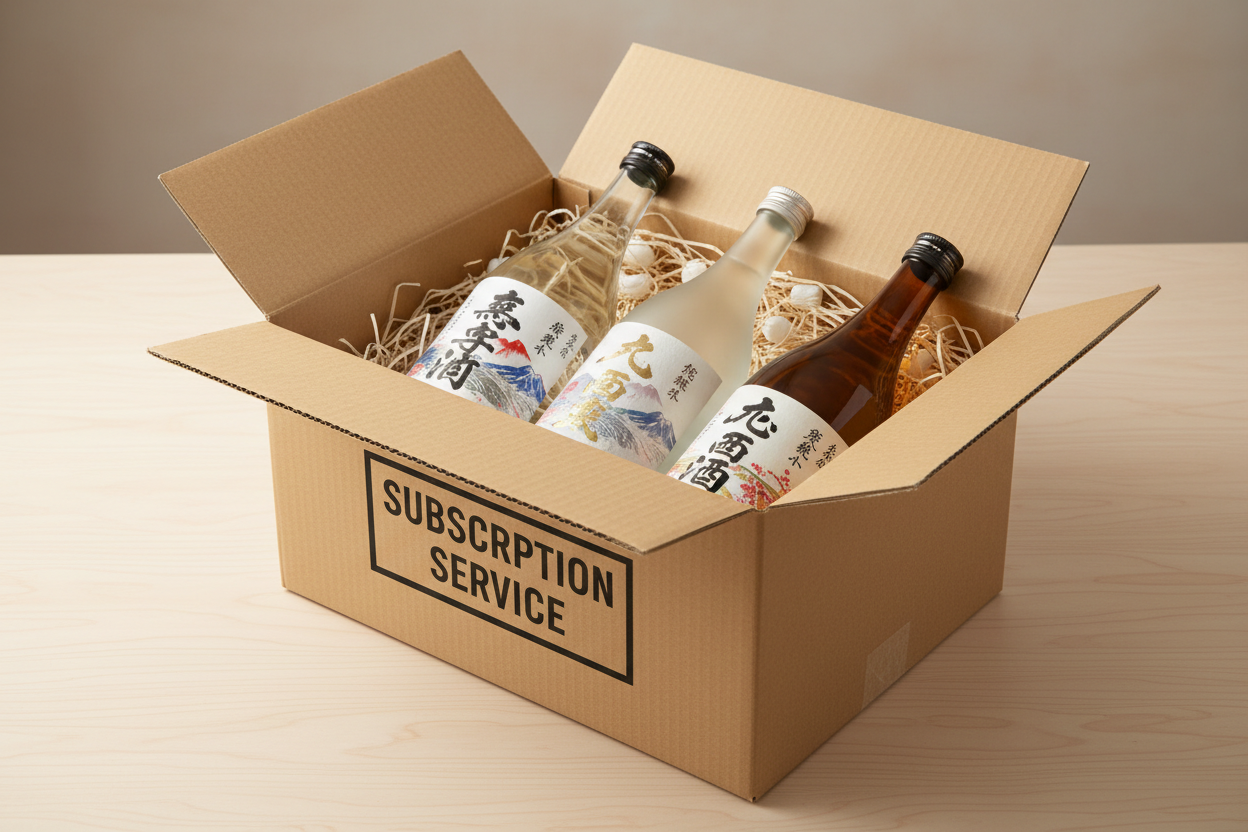 life like cardboard box with the words "Subscription Service". Please put 3 bottles of sake in the box